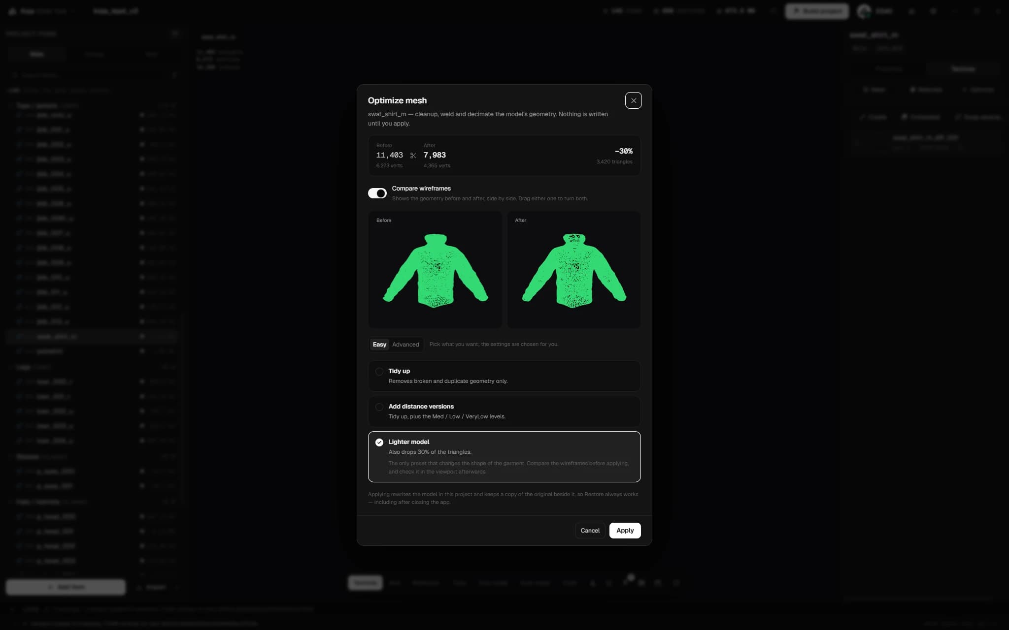 The Mesh Optimizer showing before and after wireframes