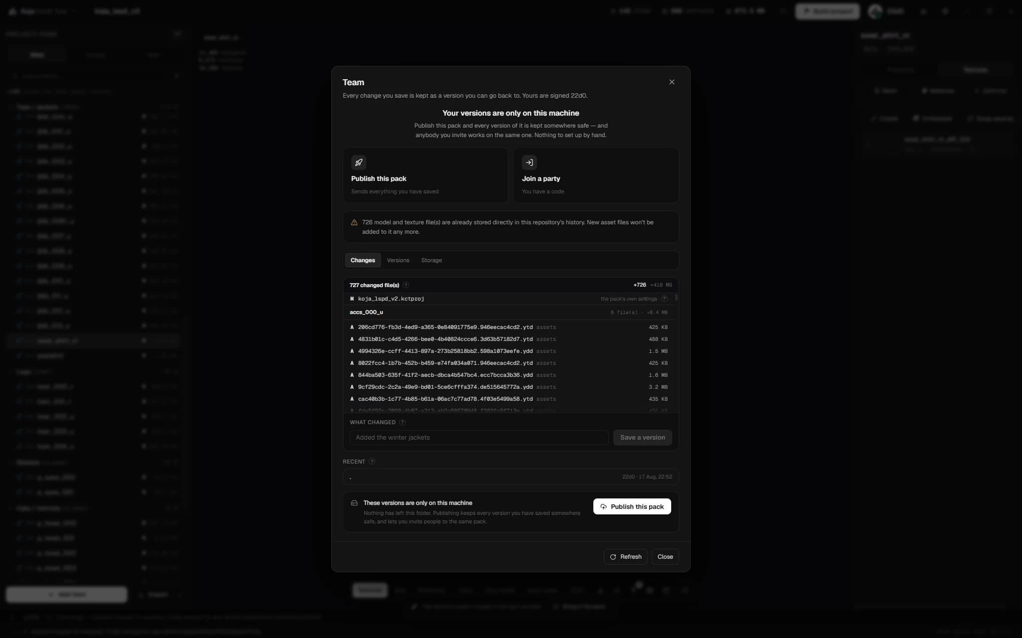 Project version history with changed files and sizes