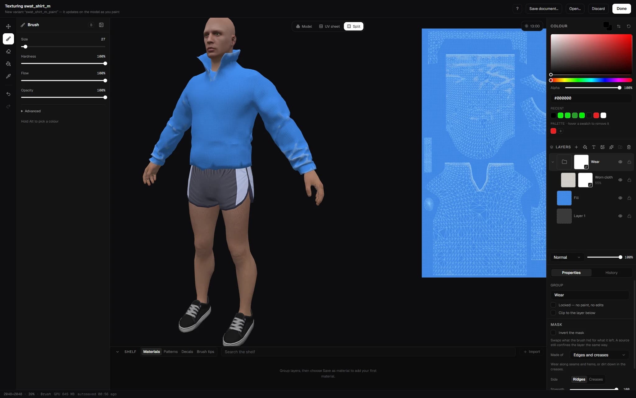 The Texture Creator with a layer stack and the garment being painted